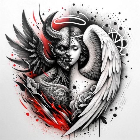 Angel Demon Tattoo, Good And Evil Tattoos, Angel Devil Tattoo, Gangsta Tattoos, Devil Tattoo, Chicano Style Tattoo, Demon Tattoo, Japan Tattoo Design, Tattoo Zeichnungen