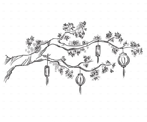 Chinese Lantern Tattoo, Lanterns Drawing, Lantern Drawing, Snow Tattoo, Branch Drawing, Lantern Tattoo, Branch Tattoo, Arte Peculiar, Floral Drawing