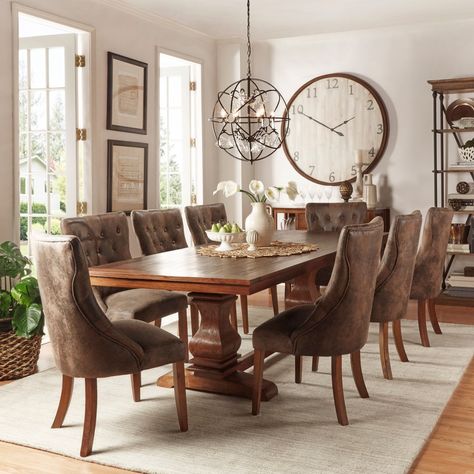 Atelier Traditional French Burnished Brown Pedestal Dining Set by iNSPIRE Q Classic (5-Piece Sets) Brown Table Decor Dining Rooms, Brown Table Decor, Oak Dining Room, Unique Dining Room, Home Atelier, Farmhouse Dining Rooms Decor, Set Meja Makan, Brown Table, Farmhouse Dining Room