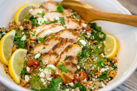 Quinoa Power Bowl with Pesto, Chicken, and Tomaotes Chicken Pesto Quinoa, Quinoa Power Bowl, Chicken And Tomatoes, Pesto Quinoa, Quinoa Rice, Power Bowl, Chicken Pesto, First Watch, Chicken Quinoa