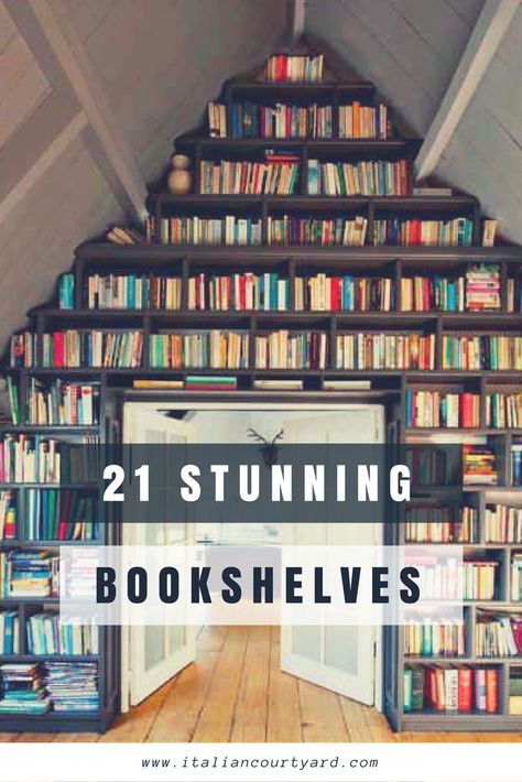 21 stunning bookshelfbookshelf inspiration bookshelf decorating ideas library Walls Of Bookshelves, Library Walls Ideas, Books On Stairs, Bookshelf Wall Decor, Built In Bookshelf Design, Bookshelf Library Design, Wall Bookshelves Ideas, Custom Bookshelf Ideas, Cool Bookshelves Bedroom