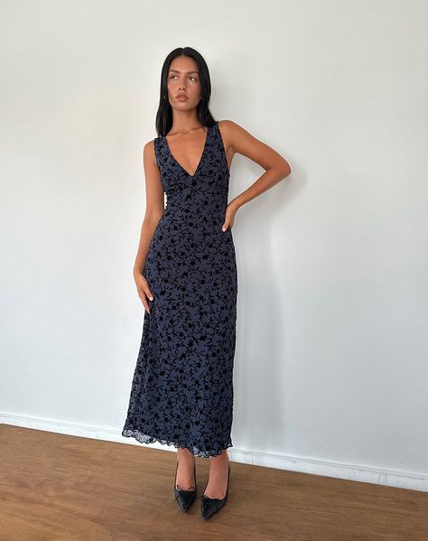 Navy Flocked Petal Midi Dress | Gabriela – motelrocks-com-us Fall Midi, Lettuce Hem, Black Satin Dress, Bandeau Dress, Grad Dresses, Long Sleeve Bodycon Dress, Guest Outfit, V Neckline, Prom Party Dresses