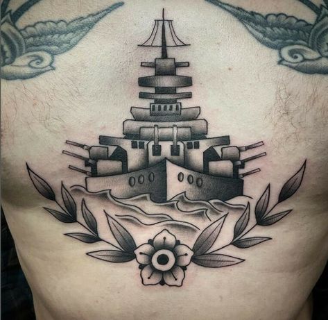 Battle Ship Tattoo Navy Ship Tattoo, Battleship Tattoo, Ship Tattoos, Sailor Tattoos, Chain Tattoo, Reference Ideas, Tattoo Reference, Nautical Tattoo, Ship Tattoo