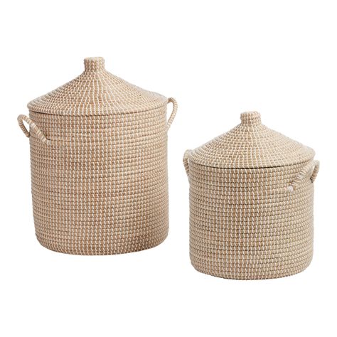 Adira White and Natural Seagrass Basket With Lid - World Market Minimalist Cottage, Painting Ikea Furniture, Chest Storage, Basket With Lid, Seagrass Basket, Storage Trunk, Basket Tote, Décor Boho, Home Modern