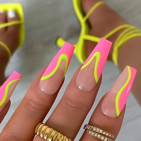 PRESS ON NAILS 🖤 on Instagram: "Neon vibess because it feels like summer might have actually arrived ☀️🍭  Using @nailsinc  Electric parade & neon mani marker 😍#ad   Wearing all rings from @pryaofficial #ad   Set price £25  A new take on an old design but colour inspo is from @thenaillologist 💕💕  #nails #nailsnailsnails #nailsofinstagram #pinknails #neonnails #summernails #nailinspo #nailinspiration #naildesign #naildesigns #pressonnails #pressonnailsuk" Nail Neon Designs, Two Colour Nails, Neon Nails Designs Summer 2024, Cute Neon Nail Ideas, Neon Nails Long, Summer Nail Art 2024, Fun Neon Nails, Nails Summer Neon, Neon Nails Designs