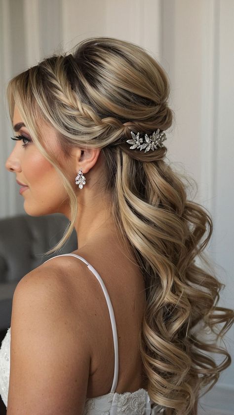 Hair Down Wedding With Headpiece, Bridal Hair For Medium Length Half Up, Hairstyles For Off The Shoulder Dress Half Up Half Down, Hairstyles Medium Hair Wedding, Bridal Mid Length Hair, Bridal Half Up Half Down Medium Length, Half Up And Half Down Wedding Hairstyles, Bridal Styles For Long Hair, Wedding Hairdos For Long Hair Updo