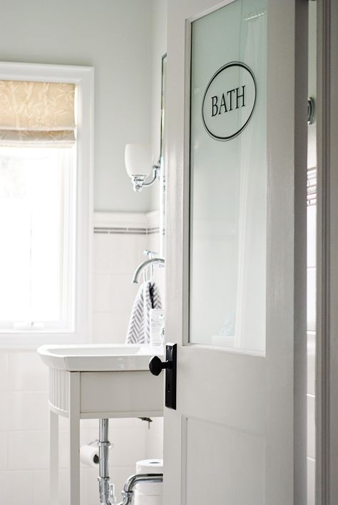 Rambling Renovators: White & Bright Frosted Bathroom Door, Glass Bathroom Door, Bathroom Door Ideas, Bathroom Restoration, Small Tub, Frosted Glass Door, Transitional Bathroom, Bathroom Door, Trendy Bathroom