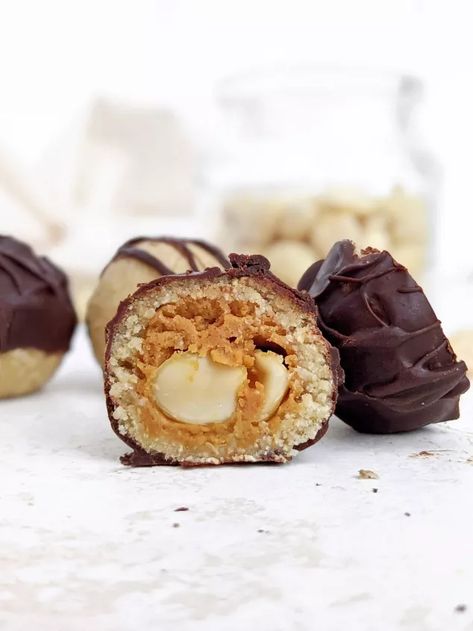 Snickers Protein Balls – All the Layers, but Easy! | Foodtalk Snickers Protein, Homemade Snickers, Energy Ball Recipe, Dairy Free Chocolate Chips, Healthier Desserts, Plant Based Protein Powder, Snickers Bar, All Candy, Healthy Snacking