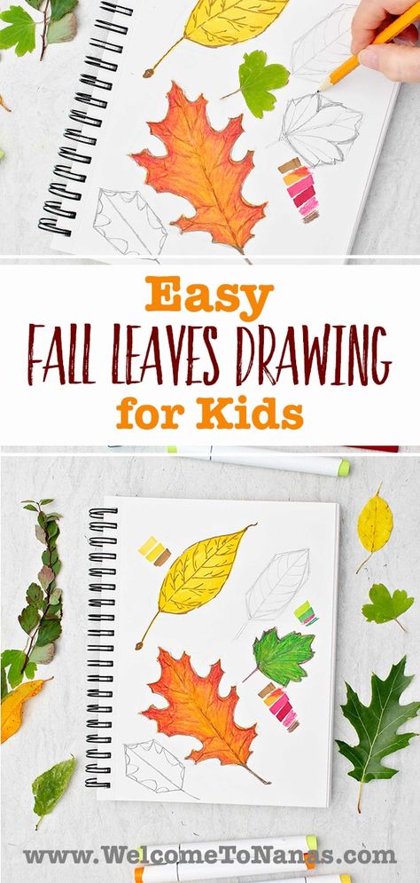 Fall Leaves Drawing Step By Step, How To Draw Fall Leaves, Autumn Drawing Pencil, Drawing With Colored Pencils Easy, Draw A Leaf, Fall Leaves Drawing, Draw Leaves, Autumn Activity, Leaves Drawing