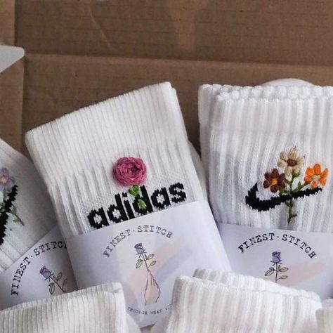 Original Nike handmade embroidered socks 🌹 on Instagram: "ready to send #embroideredsocks#handmadewithlove#outfitinspo#flowers#custom#sneakercrew#sockslover" Nike Sock Embroidery Ideas, Nike Socks Embroidery, Embroidering Socks, Embroidered Socks Nike, Mens Embroidery Socks, Adidas Socks, Silly Socks, Embroidered Socks, Graphic Shirt Design