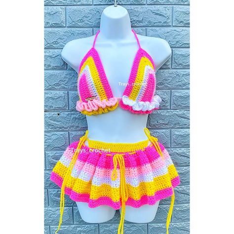 The ruffle mini skirt set is so unique it looks like a work of art, you will definitely be making a statement with this piece 💗🎀🌸 Send me a DM to place your order @trays_crochet #crochet #trays_crochet #ceochetaddict #crochetoutfit #crochetbikini #crochetersofinstagram #crochetinspiration #crocherdesigner Two Piece Mini Skirt Set, Spring Festival Yellow Crochet Top, Yellow Summer Crochet Crop Top, Crochet Mini Skirt Aesthetic, Spring Yellow Crochet Crop Top, Mini Skirt Set Crochet Pattern, Crochet Swimwear Pattern, Crochet Bralette Pattern, Crochet Two Piece