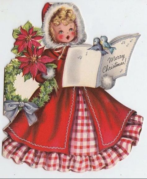 Drawing Dress, Xmas Images, Xmas Drawing, Christmas Carolers, Vintage Holiday Cards, Fur Dress, Shabby Christmas, Christmas Ephemera, Red Fur