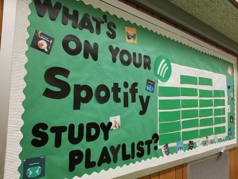 What's on your Spotify study playlist? college library bulletin board #bulletinboard Spotify Bulletin Board, Spotify Study Playlist, College Club Activities, College Clubs, Spotify Theme, Ra College, Study Playlist, Resident Assistant Bulletin Boards, Board Engagement