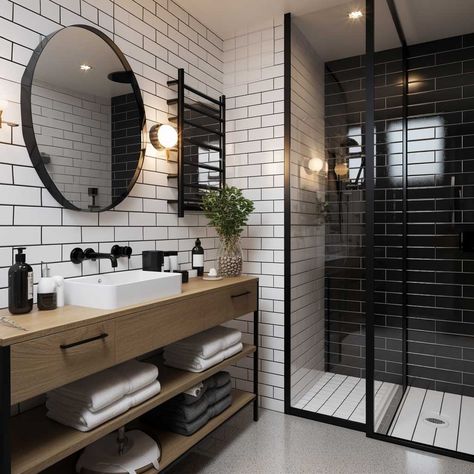 Small Black And White Bathroom, Modern Bathroom Design Black, Bathroom Inspo Interior Design, Black Tile Bathrooms, Black And White Tiles Bathroom, Black And White Bathroom, Bathroom Design Black, Black White Bathrooms, Bed In Closet Ideas