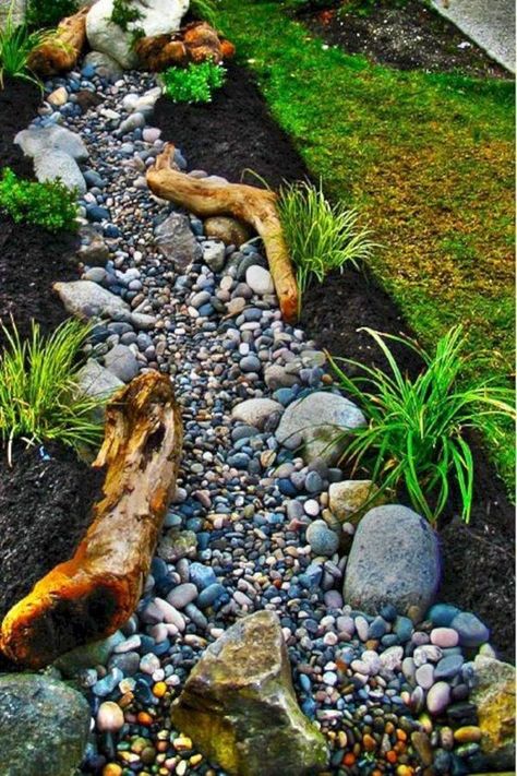 Use colorful stones and different sizes of stones to make a rain garden. To bring a natural appeal, use large stones and branches at the corners. Place the plants along the end to bring a unique touch.#raingarden #gardendesign   #gardendesignideas #gardendesignideasonabudget Creek Landscaping, Rain Garden Design, Dry Creek Bed, Dry River, Creek Bed, River Bed, Rock Garden Landscaping, Dry Creek, Rain Garden