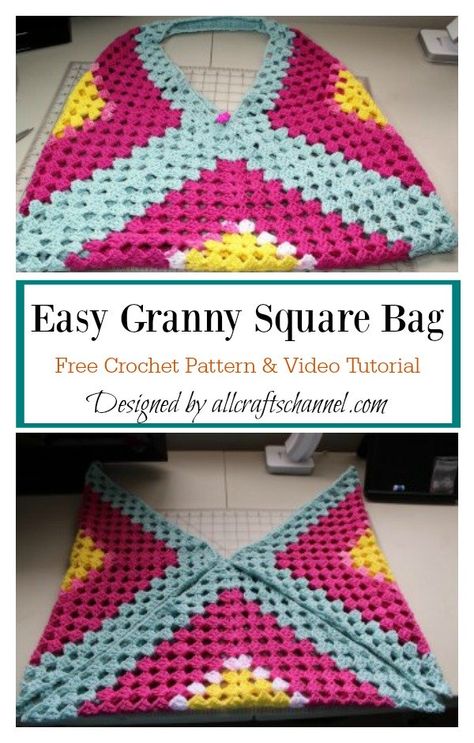 Easy Tote Bag Made with Squares Free Crochet Pattern Granny Square Grocery Bag, C2c Crochet Bag Pattern, Easy Granny Square Bag Free Pattern, Crochet Granny Square Market Bag, Granny Square Handbag Pattern, Giant Granny Square Bag, Easy Crochet Granny Square Bag, Granny Square Market Bag Free Pattern, Crochet Totes And Bags Patterns