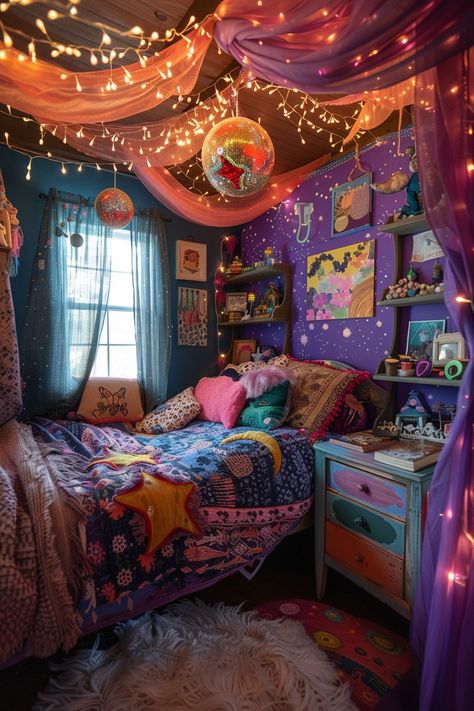 Enchanting Bedroom Makeover: Cozy Decor with Purple Walls & Fairy Lights Whimsical Twee Bedroom, Whimsigoth Small Bedroom, Wacky Bedroom Ideas, Festive Room Decor, Cozy Maxamilist Bedroom, Room Decor Whimsical, Colorful Whimsical Bedroom, Purple Fairy Bedroom, Whimsicore Bedroom