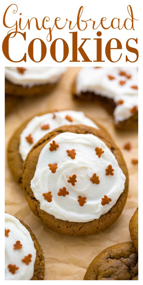 Frosted Gingerbread Cookies - Baker by Nature Gingerbread Cookies With Cream Cheese, Icing For Gingerbread Cookies, Easy Gingerbread Cookie Recipe, Gingerbread Frosting, Cookie Frosting Recipe, Frosted Gingerbread, Cookies With Cream Cheese Frosting, Easy Gingerbread Cookies, Soft Ginger Cookies