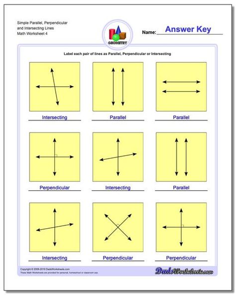 https://www.dadsworksheets.com : Simple Parallel, Perpendicular and Intersecting Lines Worksheet Author's Purpose Worksheet, Lines Worksheet, Parallel And Perpendicular Lines, Perpendicular Lines, Line Math, Line Geometry, Angles Worksheet, Teaching Geometry, Intersecting Lines