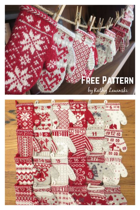 Mitten Advent Calendar, Knitted Christmas Garland Free Pattern, Knit Christmas Stocking Pattern Free, Knitted Christmas Stocking Patterns Free, Fair Isle Knitting Patterns Free, Advent Calendar Free, Mitten Garland, Knitted Ornaments, Christmas Stocking Pattern Free