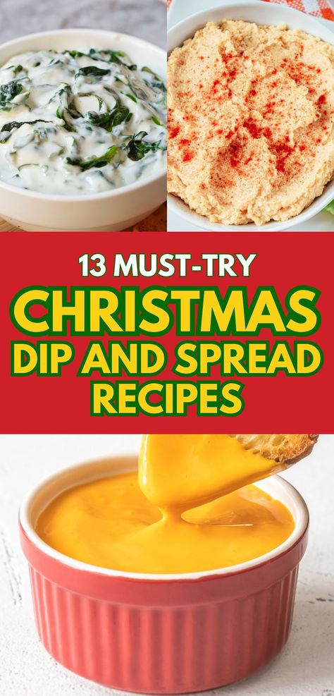 A collage of creamy Christmas dips and spreads, featuring a rich spinach and cheese dip, spiced hummus topped with paprika, and a vibrant golden cheese dip in a red ramekin with a toasted bread piece. The festive red and green banner highlights easy Christmas Dip and Spread Recipes. Ideal for holiday appetizer ideas, party dips, and festive spread recipes. Holiday Dips And Spreads, Festive Dips Appetizer Recipes, Dip For Crudite, Christmas Eve Dips Holidays, Crockpot Dips For Christmas, Christmas Savory Dips, Spreads For Crackers Appetizers, Dip Recipes For Christmas, Dip Ideas For Christmas Party