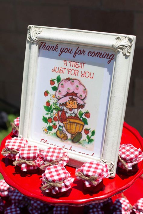 Layla’s Vintage Strawberry Shortcake 1st Birthday | CatchMyParty.com Strawberry Shortcake Baby Shower Ideas Girl, 2nd Strawberry Birthday, Vintage Strawberry Shortcake Party Ideas, Strawberry Shortcake Party Food, Strawberry Shortcake Birthday Centerpieces, Strawberry Shortcake First Birthday Decorations, Strawberry Shortcake Ideas For Party, Strawberry Shortcake Theme Party Ideas, Strawberry Shortcake Themed Baby Shower Ideas