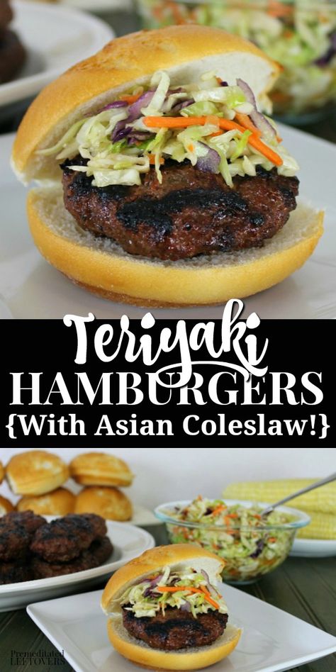 Hamburger Coleslaw Recipes, Teriyaki Hamburger Patties, Teriyaki Hamburger Recipes, Teriyaki Burger Recipe, Asian Hamburger Recipes, Chinese Burger Recipe, Teri Burger Recipe, Teriyaki Sliders, Asian Burger Recipe