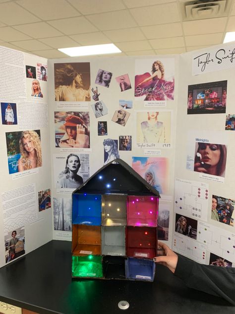 Passion project for school, since i couldnt get tickets to the eras tour, i brought the eras tour to my classroom 🤣 Taylor Swift Dollhouse, Cardboard Lover House Taylor Swift, Taylor Swift School Project, Eras Tour Room Decor, Eras Tour Decor, Taylor Swift Lover House Diy, Taylor Swift Project Ideas, Lover House Diy, Eras Tour Decorations