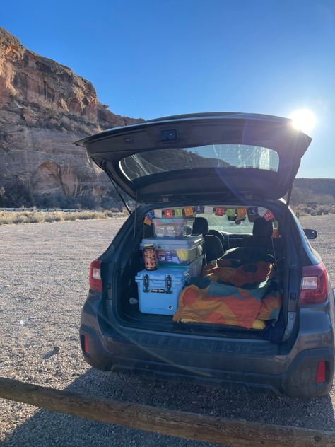 Cute Car Camping, Outdoorsy Car Aesthetic, Camp In Car, Aesthetic Car Camping, Outback Car Camping, Outback Camping Subaru, Car Camping Subaru Outback, Subaru Car Aesthetic, Subaru Forester Aesthetic