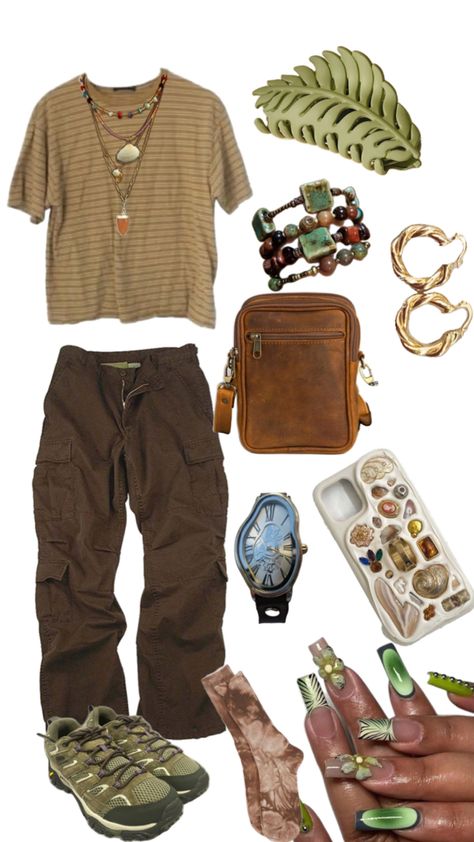 Earthy aesthetic masc green brown outfits shoes phone case pants shirt earrings bracelet necklace spiritual boho outfit inspired Camp Pants Outfit, Boho Aesthetic Outfit, Brown Aesthetic Outfit, Earthy Outfits Aesthetic, Brown Outfits, Boho Fits, Masc Outfits, Earthy Aesthetic, Earthy Style