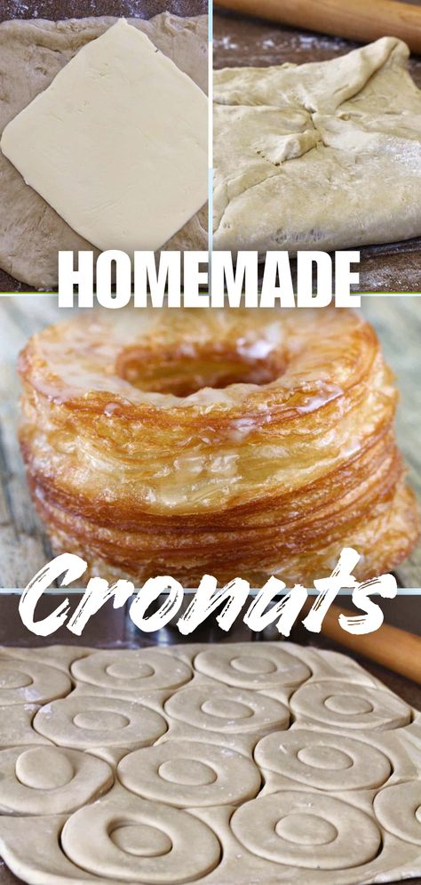 A collage image showing a homemade cronut and parts of the process to make them. Cronut Recipe, French Donuts, Recipe Development, Homemade Croissants, Homemade Donuts Recipe, Dominique Ansel, Yummy Cheesecake, Cronut, Homemade Pastries