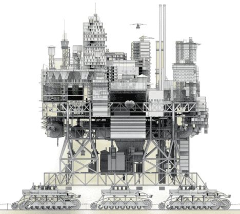 Elevation of Very Large Structure by Manuel Domínguez is a giant city on wheels Unreal Architecture, Utopia City, Experimental Architecture, Walking City, Model Drawing, Modern City, Architecture Presentation, Concept Architecture, A Drawing