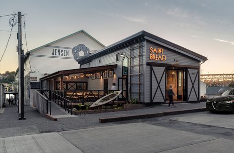 Saint Bread — Graham Baba Architects Warehouse Design Architecture, Warehouse Exterior, Restaurant Exterior Design, Shiplap Siding, Restaurant Exterior, Warehouse Design, Patio Enclosures, Feature Tiles, Outdoor Restaurant