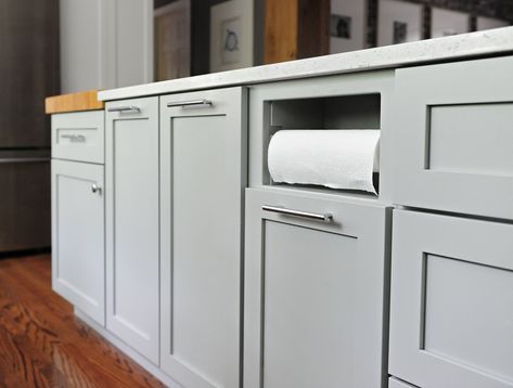 Cabinets by Stolls Woodworking , designed by SYI Island color: Sherwin Williams Chelsea Gray 2850 Sherwin Williams Chelsea Gray, Window Wall Design, Lazy Susan Kitchen Cabinet, Refinished Floors, Eichler Kitchen, Knock Down Wall, Paper Towel Storage, Chelsea Gray, Load Bearing Wall