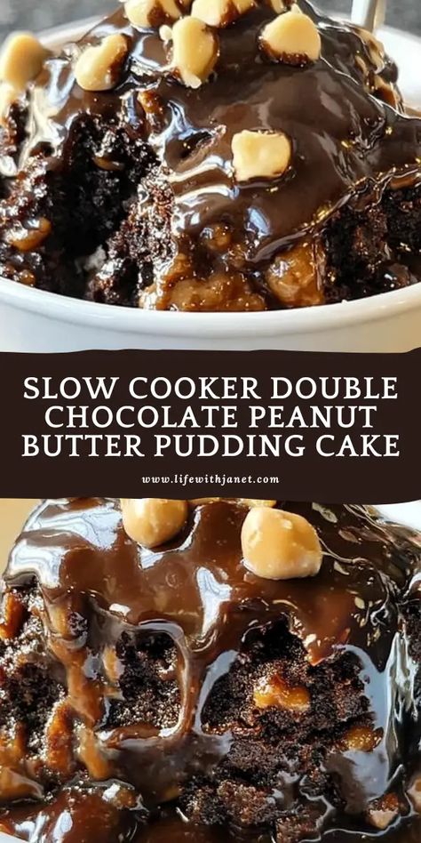 Slow Cooker Double Chocolate Peanut Butter Pudding Cake Sweet comfort in every bite! This easy slow cooker cake creates its own rich sauce while baking. Slow Cooker Cake Recipes, Chocolate Peanut Butter Pudding, Slow Cooker Dessert, Peanut Butter Pudding, Slow Cooker Cake, Cooker Cake, Self Saucing Pudding, Chocolate Pudding Cake, Crockpot Dessert Recipes