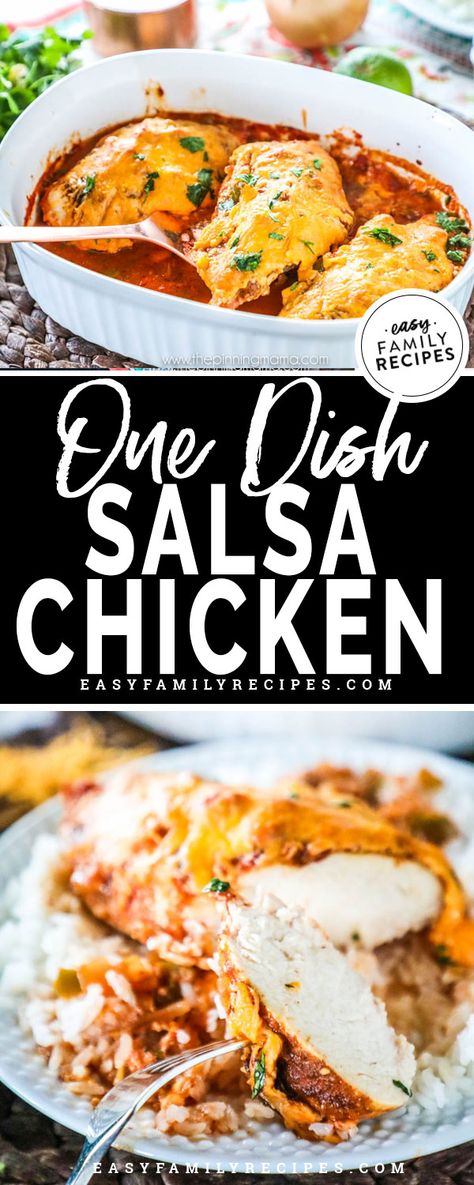 BEST EASY DINNER EVER! This oven baked Salsa Chicken is our go-to meal for busy week nights! You can literally have it in the oven in less than 5 minutes. With only 4 ingredients it is made with the best mexican flavors and super kid friendly! Make it mild or spicy, it is up to you! As a bonus, this recipe is gluten free and optionally dairy free! Healthy Oven Meals For Family, Oven Baked Salsa Chicken, Easy Baked Chicken Recipes 4 Ingredients, Mexican Chicken Bake Recipes, Salsa Chicken Oven, Baked Mexican Chicken Recipes, Chicken Salsa Bake, Chicken Breast Recipes Mexican, Mexican Baked Chicken