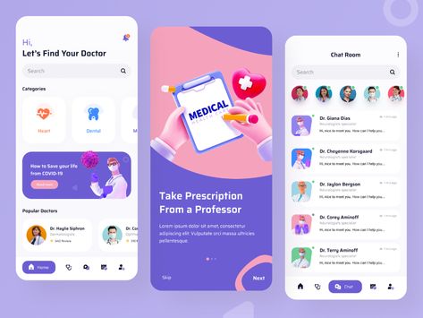 Home & Chat Screen- Doctor Appointment App by Shafiqul Islam 🌱 on Dribbble Moodboard App, Doctor App, Application Ui Design, Desain Ux, App Redesign, Ui Ux 디자인, Medical App, Mobile App Design Inspiration, App Interface Design