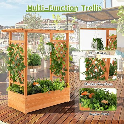 Giantex Raised Garden Bed with Trellis, Wood Planter Box with Roof & Side Trellis, Drain Holes, Elevated Raised Bed with Trellis for Climbing Plant and Pot Hanging, Indoor Outdoor Patio Balcony Arch Trellis, Raised Planter Beds, Roof Siding, Wood Planter Box, Trellis Plants, Plant Basket, Climbing Vines, Planter Stand, Wood Planters