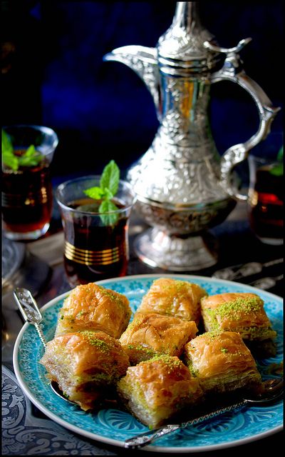 Sweet Baklavas and strong Arabic tea... | by jultchik7 Turkish Baklava, حلويات عربية, Puff Pastry Desserts, Lebanese Recipes, Persian Food, Pastry Desserts, Silver Tea, Middle Eastern Recipes, Arabic Food