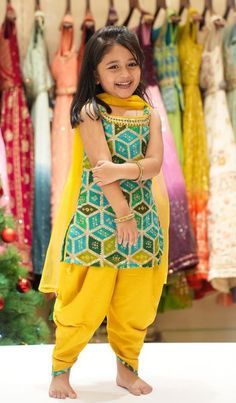 #fashion, #style, #outfitinspiration, #beauty Haldi Outfit For Kids Girl, Kids Dhoti Dress For Girl, Kids Ethnic Wear Indian, Print Mirror, Frocks For Kids, Kids Ethnic Wear, Kids Dress Collection, Pearl Work