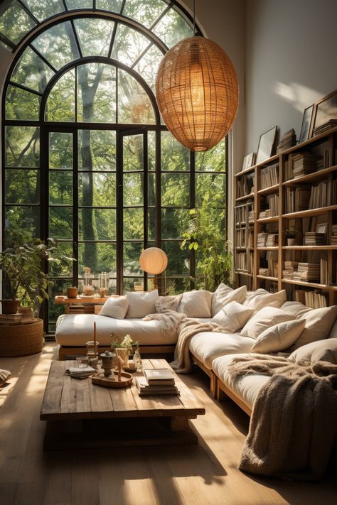 House Design Earthy, Boho Vibe Living Room, Earthy Library Aesthetic, Natural Home Architecture, Cozy Chic Home Decor, House Interior Boho Chic, Living Room Nature Inspired, Home Interior Design Earthy, Earthy Library Room