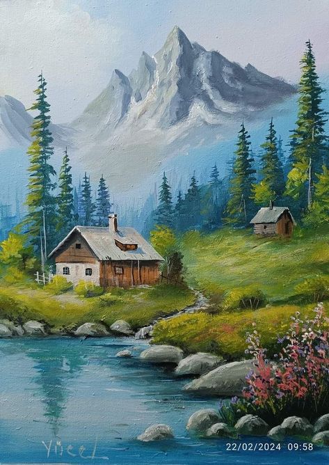 Mountain Cabin Painting, Mountain Landscape Acrylic Painting, Acrylic Painting Reference, Beautiful Landscapes Paintings Acrylics, Landscape Paintings Simple, Simple Landscape Paintings, Acrylic Painting Mountains, Small Landscape Paintings, Mountain Landscape Drawing