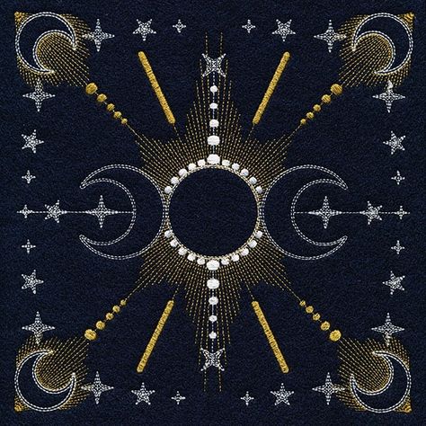 <p>With only two color changes, this celestial machine embroidery design is a quick and easy way to decorate pillows, table runners, and more.</p><p><br></p><ul><li>Contains sheer stitching throughout; all black areas are open to fabric.</li><li>Metallic thread was used to stitch the design as shown, but standard 40 wt. thread can be used if preferred.</li><li>Curious how we made the pillow featured in the photos above? We stitched two of the new Celestial Symmetry square onto black fabric, and Celestial Embroidery Pattern, Celestial Crochet Patterns, Embroidery Celestial, Celestial Crochet, Celestial Embroidery, Market Table, Velvet Corset, Rug Patterns, Draping Fashion