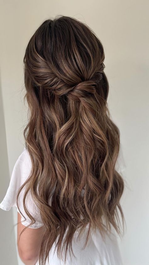 Bridesmaid Hair Boho Half Up, Shag Half Up Half Down, Wedding Hairstyles With Clip In Extensions, Wedding Hairstyles Half Up Half Down Straight, Boho Bridesmaid Hair Half Up, Bridesmaid Hair With Extensions, Beach Waves Half Up Half Down, Boho Wedding Hair Long, Half Up Bun Wedding Hair