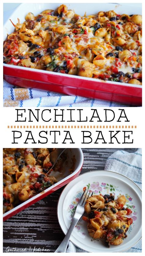 Enchilada Pasta Casserole Bake - Gathered In The Kitchen Mexican Pasta Casserole, Enchilada Pasta Casserole, One Pan Enchilada, Mexican Bake, Mexican Pasta Bake, Mexican Pasta Recipes, Baked Baby Potatoes, Taco Pasta Bake, Delish Dinners