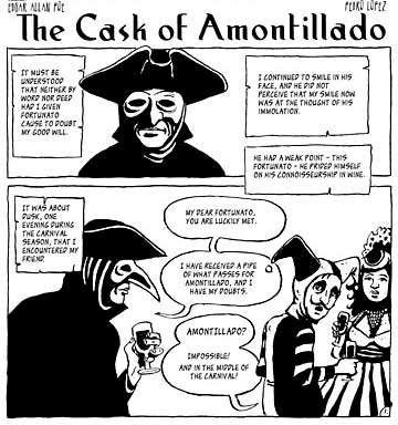 This comic strip, including two slides showing the exposition of "The Cask of Amontillado". Freshman English, The Cask Of Amontillado, Drama Education, Wine Grape, Literature Lessons, Teaching High School English, Edgar Allen, Ela Classroom, Allen Poe