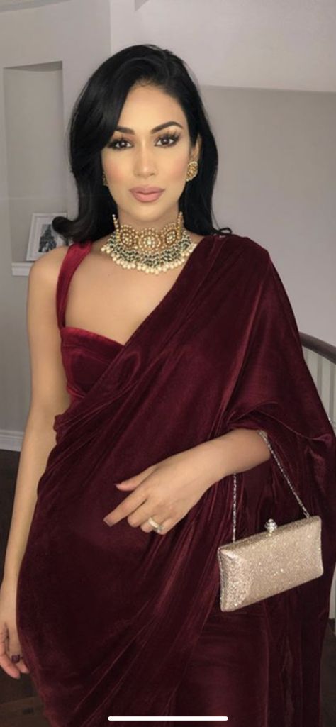 Maroon Saree For Farewell, Dark Color Sarees Party Wear, Deep Maroon Saree, Classy Saree Look For Wedding, Velvet Saree Look For Wedding, Vine Colour Saree, Wine Red Saree For Farewell, Wine Colour Saree For Farewell, Maroon Suit Women Indian