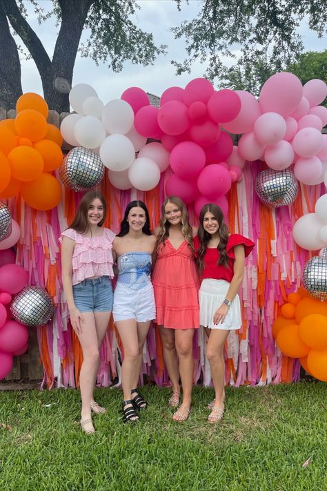 grad party inspo | high school graduation | party inspo | photo backdrop | disco party The Future Is Bright Graduation Party, Photo Drop Backgrounds, Pink Orange Gold Graduation Party, Graduation Disco Party, Graduation Dance Themes, Graduation Party Ideas Disco, Disco Themed Grad Party, Last Disco Graduation Party, Pink Disco Graduation Party