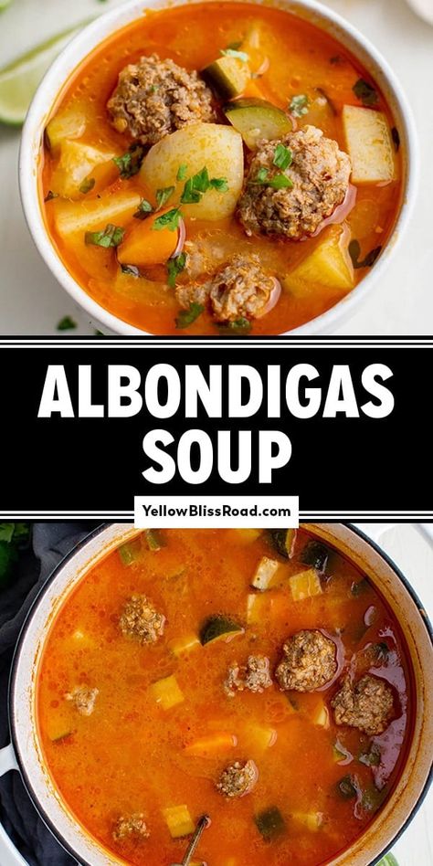 Albondigas Soup is a traditional Mexican Meatball Soup made with beef & rice meatballs, potatoes and zucchini in a rich tomato broth. Mexican Meatball Soup Crockpot, Abondagus Soup, Rich Soup Recipes, Mexican Meatball Soup Albondigas, Meatballs Potatoes, Albondigas Soup Recipe Mexican, Potatoes And Zucchini, Rice Meatballs, Mexican Soups