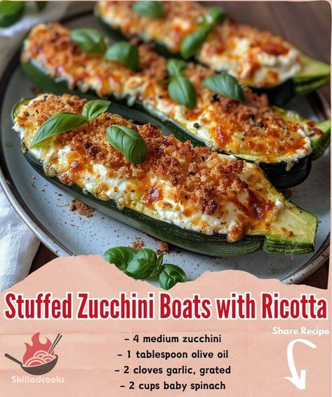 Stuffed Zucchini Boats, Spinach And Ricotta, Stuffed Zucchini, Zucchini Boats, Baby Spinach, Veggie Recipes, 2 Cups, Ricotta, 1 Cup